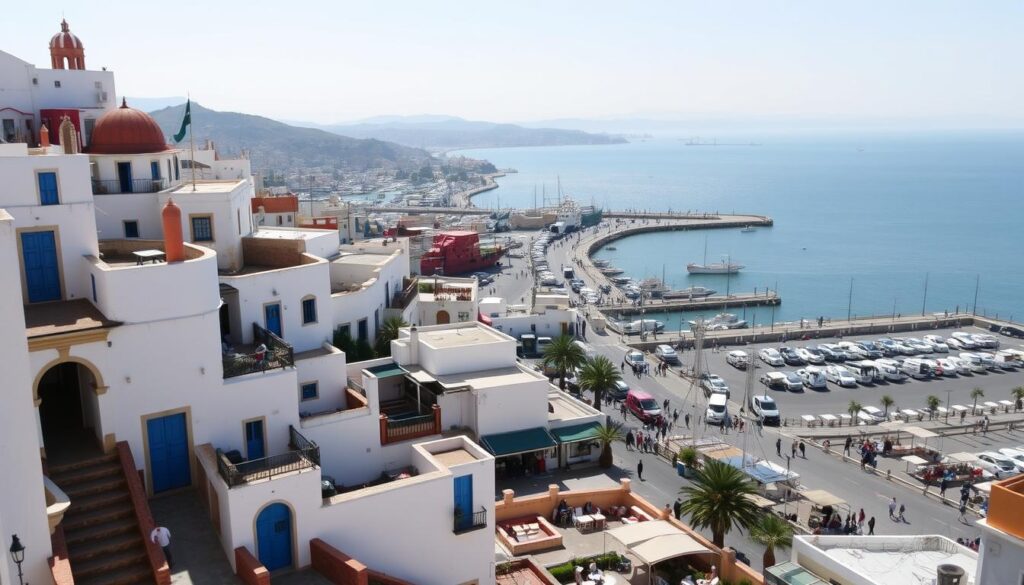 A picturesque panorama of Tangier, the vibrant port city in northern Morocco. In the foreground, the bustling Kasbah neighborhood with its winding alleys, whitewashed buildings, and iconic blue doors. In the middle ground, the lively waterfront promenade, dotted with traditional fishing boats and cafes. In the background, the iconic Strait of Gibraltar and the distant outline of the Spanish coast, hazy under the warm Mediterranean sun. Captured through a wide-angle lens, the scene exudes an atmosphere of history, culture, and seaside tranquility. MyVisitMorocco. A picturesque panorama of Tangier, the vibrant port city in northern Morocco. In the foreground, the bustling Kasbah neighborhood with its winding alleys, whitewashed buildings, and iconic blue doors. In the middle ground, the lively waterfront promenade, dotted with traditional fishing boats and cafes. In the background, the iconic Strait of Gibraltar and the distant outline of the Spanish coast, hazy under the warm Mediterranean sun. Captured through a wide-angle lens, the scene exudes an atmosphere of history, culture, and seaside tranquility. MyVisitMorocco.