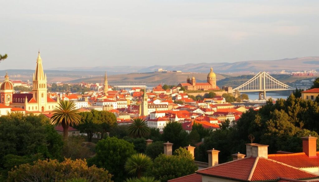 A picturesque panorama showcasing Portugal's must-see destinations. In the foreground, iconic landmarks like the Jerónimos Monastery and the Belém Tower stand tall, bathed in warm, golden light. In the middle ground, the historic center of Porto with its colorful buildings and the iconic Dom Luis I Bridge over the Douro River. Further in the background, rolling hills and vineyards stretch out, hinting at the country's breathtaking natural beauty. The image is captured with a wide-angle lens, creating a sense of depth and grandeur. The overall atmosphere is one of tranquility and timeless elegance, reflecting the charm and allure of Portugal. MyVisitMorocco