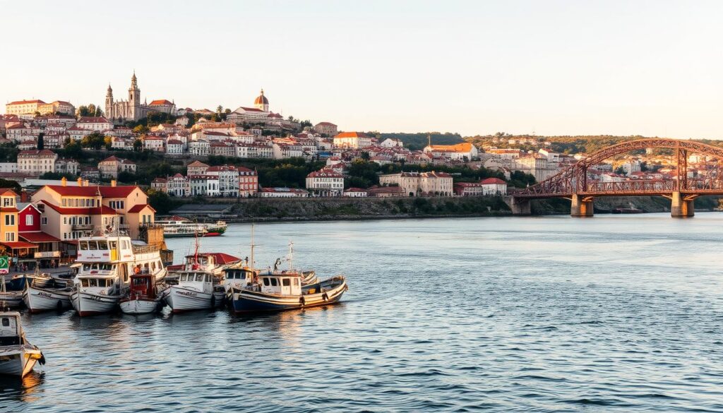 A picturesque riverside scene in Porto, Portugal. In the foreground, traditional fishing boats and colorful buildings line the Douro River, their reflections dancing on the gently rippling water. The middle ground features the iconic Dom Luís I Bridge, its grand steel arch spanning the river. In the background, the historic city center rises up the hillsides, its terracotta roofs and church spires bathed in warm, golden light. The scene conveys a sense of timeless heritage and Portuguese charm. Captured with a wide-angle lens to showcase the grand scale and sweeping vistas. MyVisitMorocco