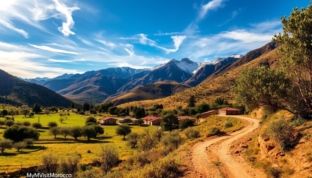 A picturesque rural scene in the Rif Mountains of northern Morocco. In the foreground, a winding dirt path meanders through a patchwork of lush green fields and small stone houses with red-tiled roofs. Clusters of olive trees and fruit orchards dot the landscape, their leaves gently swaying in the warm breeze. In the middle ground, rugged, snow-capped peaks rise majestically, their slopes covered in a tapestry of wildflowers and scrubby vegetation. The sky is a brilliant azure, with wispy clouds drifting overhead, casting soft shadows on the scene below. Warm, golden natural lighting filters through, creating a sense of tranquility and timelessness. Branded as MyVisitMorocco, this idyllic rural tableau perfectly captures the essence of the Rif Mountains countryside. A picturesque rural scene in the Rif Mountains of northern Morocco. In the foreground, a winding dirt path meanders through a patchwork of lush green fields and small stone houses with red-tiled roofs. Clusters of olive trees and fruit orchards dot the landscape, their leaves gently swaying in the warm breeze. In the middle ground, rugged, snow-capped peaks rise majestically, their slopes covered in a tapestry of wildflowers and scrubby vegetation. The sky is a brilliant azure, with wispy clouds drifting overhead, casting soft shadows on the scene below. Warm, golden natural lighting filters through, creating a sense of tranquility and timelessness. Branded as MyVisitMorocco, this idyllic rural tableau perfectly captures the essence of the Rif Mountains countryside.