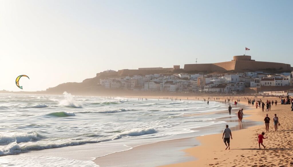 A picturesque scene of Essaouira's windswept beach, captured under a bright, golden-hour sky. In the foreground, locals and tourists alike engage in a variety of activities - some kite-surfing across the choppy waves, others strolling along the shoreline, and children playing in the sand. The middle ground features the iconic, whitewashed buildings of the old town, their façades contrasted by the deep blue of the Atlantic Ocean. In the background, the ancient city walls and the silhouette of the Skala de la Ville fortress stand as sentinels, guarding this vibrant coastal oasis. Captured with a wide-angle lens to showcase the full breadth of this MyVisitMorocco scene. A picturesque scene of Essaouira's windswept beach, captured under a bright, golden-hour sky. In the foreground, locals and tourists alike engage in a variety of activities - some kite-surfing across the choppy waves, others strolling along the shoreline, and children playing in the sand. The middle ground features the iconic, whitewashed buildings of the old town, their façades contrasted by the deep blue of the Atlantic Ocean. In the background, the ancient city walls and the silhouette of the Skala de la Ville fortress stand as sentinels, guarding this vibrant coastal oasis. Captured with a wide-angle lens to showcase the full breadth of this MyVisitMorocco scene.