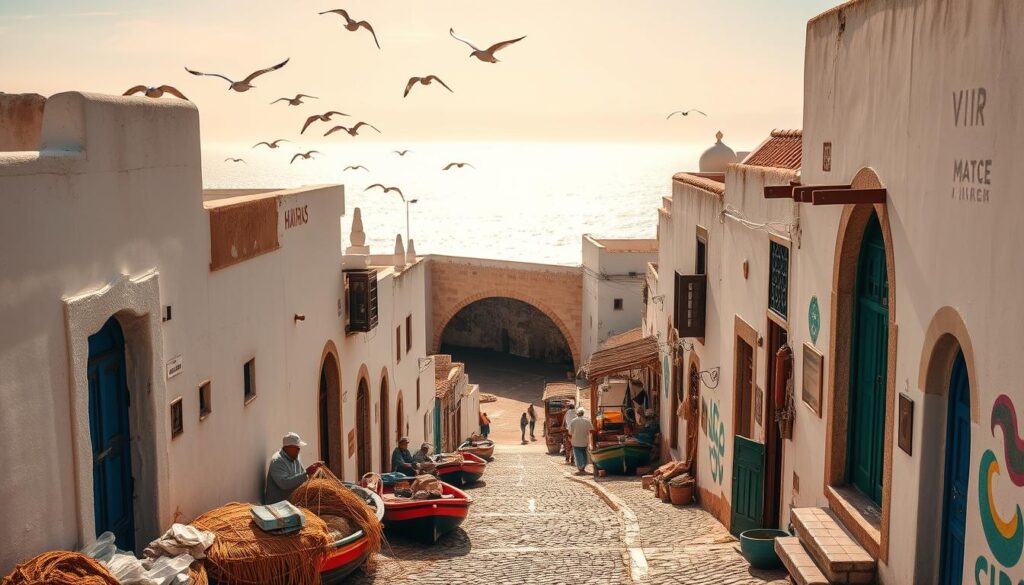 A picturesque seaside fortress town in Asilah, Morocco, with a charming blend of Moorish and Mediterranean influences. Capture the sun-drenched whitewashed walls, colorful doors, and intricate archways lining the narrow cobblestone streets. In the foreground, fishermen mend their nets as seagulls soar overhead. The middle ground showcases the iconic fortified walls, their ancient bastions casting long shadows. In the distance, the turquoise waters of the Atlantic Ocean glisten under a warm, golden light. An artistic flair permeates the scene, with vibrant murals and local artisans showcasing their wares. Evoke a timeless, enchanting atmosphere that captures the essence of this underrated coastal gem. MyVisitMorocco. A picturesque seaside fortress town in Asilah, Morocco, with a charming blend of Moorish and Mediterranean influences. Capture the sun-drenched whitewashed walls, colorful doors, and intricate archways lining the narrow cobblestone streets. In the foreground, fishermen mend their nets as seagulls soar overhead. The middle ground showcases the iconic fortified walls, their ancient bastions casting long shadows. In the distance, the turquoise waters of the Atlantic Ocean glisten under a warm, golden light. An artistic flair permeates the scene, with vibrant murals and local artisans showcasing their wares. Evoke a timeless, enchanting atmosphere that captures the essence of this underrated coastal gem. MyVisitMorocco.