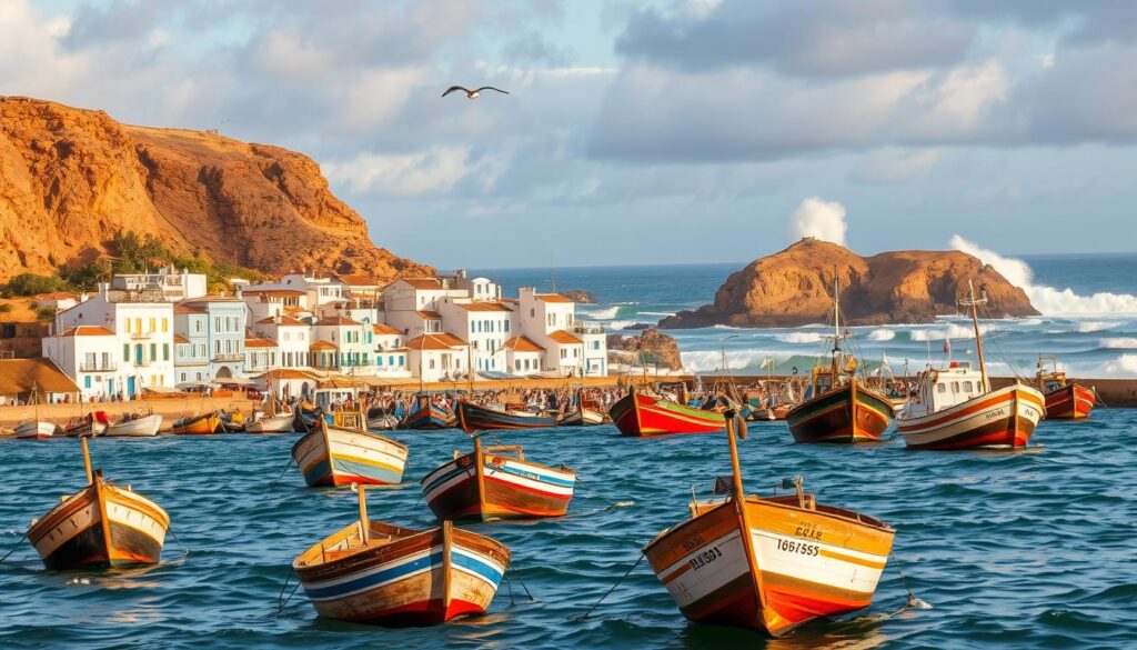 A picturesque seaside town nestled along the windswept Atlantic coast of Morocco, Essaouira's historic medina and bustling harbor are framed by rugged cliffs and a dramatic sky. In the foreground, weathered fishing boats bob gently in the surf, their colorful hulls reflecting the warm hues of the afternoon sun. The middle ground reveals the charming whitewashed buildings and blue-shuttered facades of the old town, their rooftops dotted with iconic seagulls. In the distance, the powerful waves of the open ocean crash against the rocky promontories, creating a mesmerizing display of nature's raw power. Capture the essence of this enchanting "Windy City" with MyVisitMorocco.