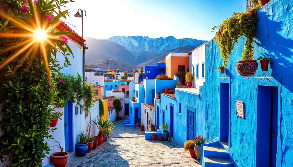 A picturesque town nestled in the Rif Mountains, Chefchaouen is a mesmerizing display of vibrant blue hues. Capture the essence of this "Blue Pearl of Morocco" with a wide-angle lens that showcases the quaint, whitewashed buildings and their striking azure facades. Accentuate the town's charming alleys and winding staircases, bathed in warm, golden sunlight that casts dramatic shadows. In the foreground, include lush, verdant foliage and potted plants that add a touch of natural beauty. The middle ground should feature the iconic, blue-painted buildings, their hues ranging from deep indigo to soft azure. In the background, incorporate the rugged, snow-capped peaks of the Rif Mountains, creating a breathtaking contrast. Convey a sense of tranquility and timelessness, as if the viewer is transported to a dreamlike, picturesque Moroccan town. MyVisitMorocco.