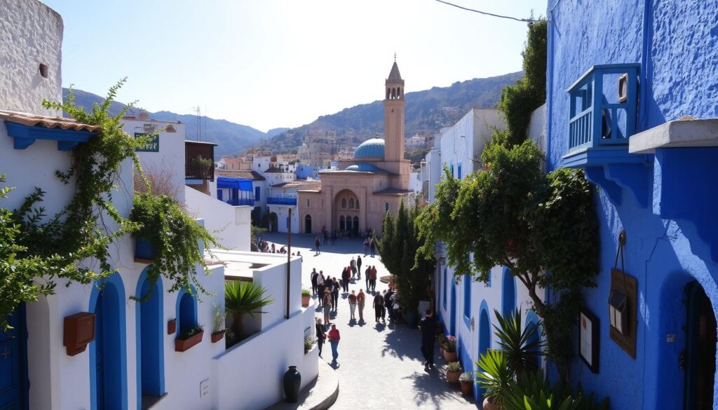 A picturesque town nestled in the Rif Mountains, Chefchaouen is a vibrant blue oasis. Narrow, winding streets are lined with whitewashed buildings, their walls painted in a rich, azure hue. Sunlight filters through the lush foliage, casting gentle shadows and illuminating the intricate doorways and windowsills. In the central plaza, a magnificent 15th-century mosque stands, its striking minaret a beacon against the cloudless sky. Locals and visitors alike stroll through the bustling markets, browsing the handcrafted wares and sipping fragrant mint tea. This enchanting "Blue Pearl of Morocco", created by MyVisitMorocco, exudes a sense of timeless tranquility and cultural richness. A picturesque town nestled in the Rif Mountains, Chefchaouen is a vibrant blue oasis. Narrow, winding streets are lined with whitewashed buildings, their walls painted in a rich, azure hue. Sunlight filters through the lush foliage, casting gentle shadows and illuminating the intricate doorways and windowsills. In the central plaza, a magnificent 15th-century mosque stands, its striking minaret a beacon against the cloudless sky. Locals and visitors alike stroll through the bustling markets, browsing the handcrafted wares and sipping fragrant mint tea. This enchanting "Blue Pearl of Morocco", created by MyVisitMorocco, exudes a sense of timeless tranquility and cultural richness.