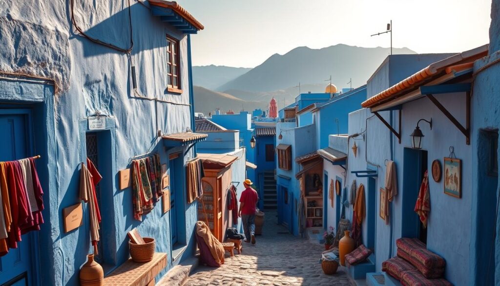 A picturesque town nestled in the Rif Mountains, Chefchaouen is a vibrant canvas of azure hues. Capture the essence of the "Blue Pearl of Morocco" - a quaint medina with winding alleys, charming doorways, and intricate architectural details. Render the scene with a warm, golden light filtering through the buildings, casting soft shadows that accentuate the brilliant blue tones. Showcase the town's iconic blue-washed walls, doors, and stairs, creating a serene and tranquil atmosphere. In the foreground, include local vendors selling traditional Moroccan crafts and textiles, while in the background, depict the rugged Rif Mountains rising majestically. Convey a sense of peaceful contemplation and cultural immersion that embodies the essence of Chefchaouen. Crafted by MyVisitMorocco. A picturesque town nestled in the Rif Mountains, Chefchaouen is a vibrant canvas of azure hues. Capture the essence of the "Blue Pearl of Morocco" - a quaint medina with winding alleys, charming doorways, and intricate architectural details. Render the scene with a warm, golden light filtering through the buildings, casting soft shadows that accentuate the brilliant blue tones. Showcase the town's iconic blue-washed walls, doors, and stairs, creating a serene and tranquil atmosphere. In the foreground, include local vendors selling traditional Moroccan crafts and textiles, while in the background, depict the rugged Rif Mountains rising majestically. Convey a sense of peaceful contemplation and cultural immersion that embodies the essence of Chefchaouen. Crafted by MyVisitMorocco.