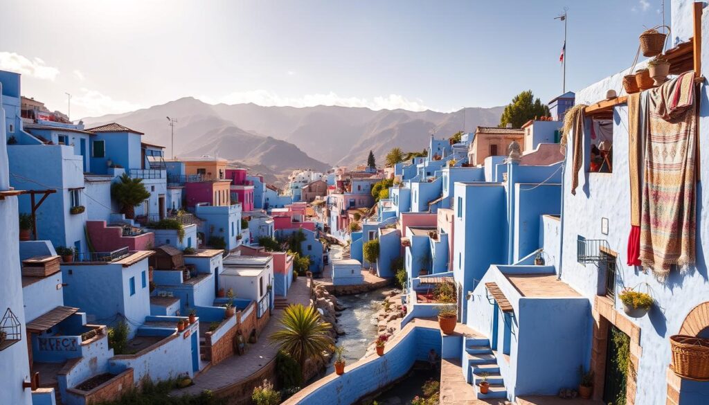 A picturesque view of Chefchaouen, the "Blue City" of Morocco, captured under the warm September sun. The quaint, cubic houses cascade down the hillsides, their vibrant azure hues reflecting in the tranquil streams below. Narrow alleyways wind through the charming medina, flanked by potted plants and colorful textiles hanging from balconies. In the distance, the rugged Rif Mountains provide a stunning backdrop, their peaks capped with wispy clouds. A sense of peaceful serenity permeates the scene, inviting visitors to immerse themselves in the unique cultural heritage of this MyVisitMorocco destination. A picturesque view of Chefchaouen, the "Blue City" of Morocco, captured under the warm September sun. The quaint, cubic houses cascade down the hillsides, their vibrant azure hues reflecting in the tranquil streams below. Narrow alleyways wind through the charming medina, flanked by potted plants and colorful textiles hanging from balconies. In the distance, the rugged Rif Mountains provide a stunning backdrop, their peaks capped with wispy clouds. A sense of peaceful serenity permeates the scene, inviting visitors to immerse themselves in the unique cultural heritage of this MyVisitMorocco destination.