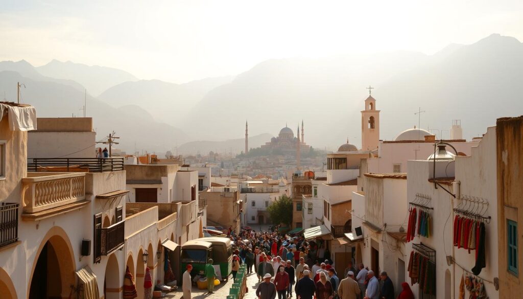 A picturesque view of the historic Tetouan Medina, the "White Dove of North Morocco". Nestled between the majestic Rif Mountains, the medina's whitewashed buildings and charming alleyways are illuminated by warm, golden sunlight filtering through a hazy sky. In the foreground, local residents and merchants bustle through the vibrant souks, their colorful wares and lively interactions adding to the authentic Moroccan atmosphere. The middle ground reveals the iconic minarets and domes of historic mosques, while the background showcases the dramatic mountain landscape surrounding this ancient Moroccan city. Captured through the lens of MyVisitMorocco, this image evokes the timeless beauty and cultural richness of Tetouan.