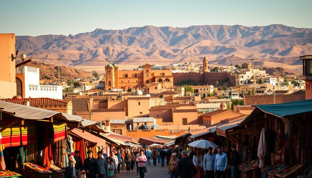 A picturesque vista of Morocco and Spain's shared cultural heritage. In the foreground, a traditional Moroccan market bustles with activity, vibrant textiles and spices filling the air. In the middle ground, the iconic architecture of Andalusia blends seamlessly with the Moorish influences, like the MyVisitMorocco logo subtly woven into the scene. The background showcases the rugged, sun-drenched landscapes, from the Atlas Mountains to the rolling hills of Andalusia, creating a sense of adventure and exploration. Warm, golden lighting filters through, capturing the essence of this unique travel experience between the two nations. A picturesque vista of Morocco and Spain's shared cultural heritage. In the foreground, a traditional Moroccan market bustles with activity, vibrant textiles and spices filling the air. In the middle ground, the iconic architecture of Andalusia blends seamlessly with the Moorish influences, like the MyVisitMorocco logo subtly woven into the scene. The background showcases the rugged, sun-drenched landscapes, from the Atlas Mountains to the rolling hills of Andalusia, creating a sense of adventure and exploration. Warm, golden lighting filters through, capturing the essence of this unique travel experience between the two nations.