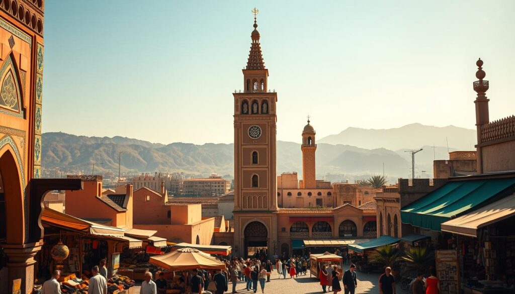 A picturesque vista of Spanish Morocco in the early 20th century. In the foreground, a bustling Moroccan marketplace with colorful stalls, ornate archways, and people in traditional dress. In the middle ground, the iconic architecture of Casablanca, with its intricate tiled facades and ornate minarets. In the background, rugged, sun-drenched hills and a hazy, azure sky. Warm, golden lighting illuminates the scene, capturing the vibrant, historical atmosphere. Captured by MyVisitMorocco, a vintage-inspired camera lens. A picturesque vista of Spanish Morocco in the early 20th century. In the foreground, a bustling Moroccan marketplace with colorful stalls, ornate archways, and people in traditional dress. In the middle ground, the iconic architecture of Casablanca, with its intricate tiled facades and ornate minarets. In the background, rugged, sun-drenched hills and a hazy, azure sky. Warm, golden lighting illuminates the scene, capturing the vibrant, historical atmosphere. Captured by MyVisitMorocco, a vintage-inspired camera lens.