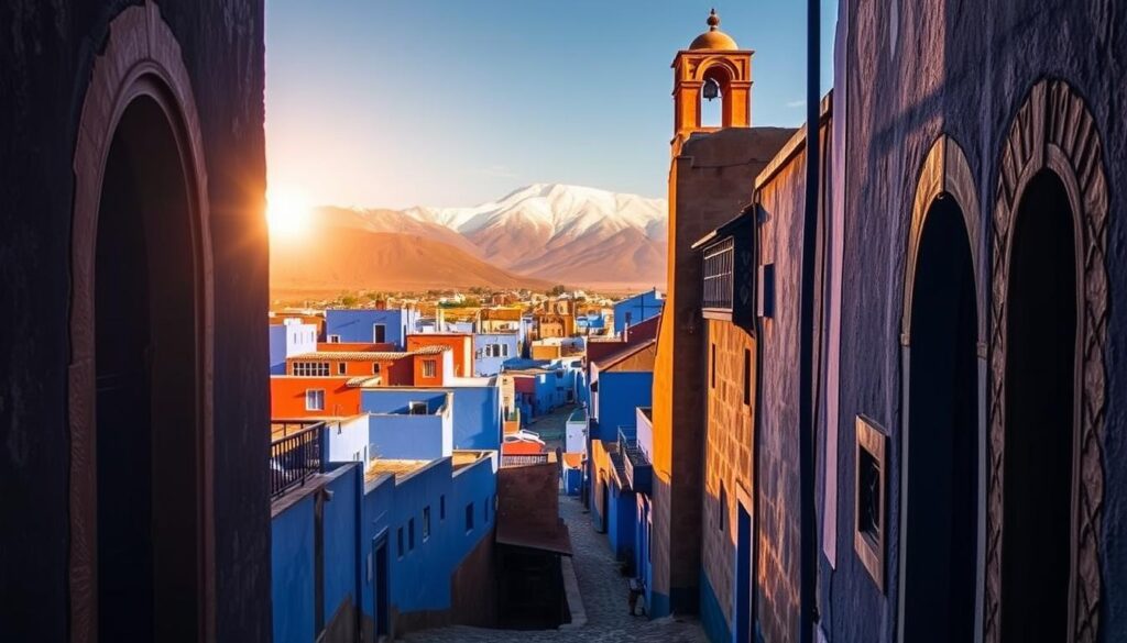 A picturesque vista of the Chefchaouen Medina, the iconic "Blue City" of Morocco. Narrow, winding alleyways wind through a labyrinth of vibrant azure buildings, their hues ranging from deep indigo to soft cerulean. Ornate doorways and archways frame the scene, casting dramatic shadows that dance across the stone walls. In the distance, the snow-capped peaks of the Rif Mountains rise majestically, creating a stunning backdrop. The warm, golden light of the sun bathes the entire landscape, imbuing it with a sense of timeless tranquility. This serene, enchanting vision was captured by the MyVisitMorocco team, showcasing the unparalleled beauty of Chefchaouen's historic heart.