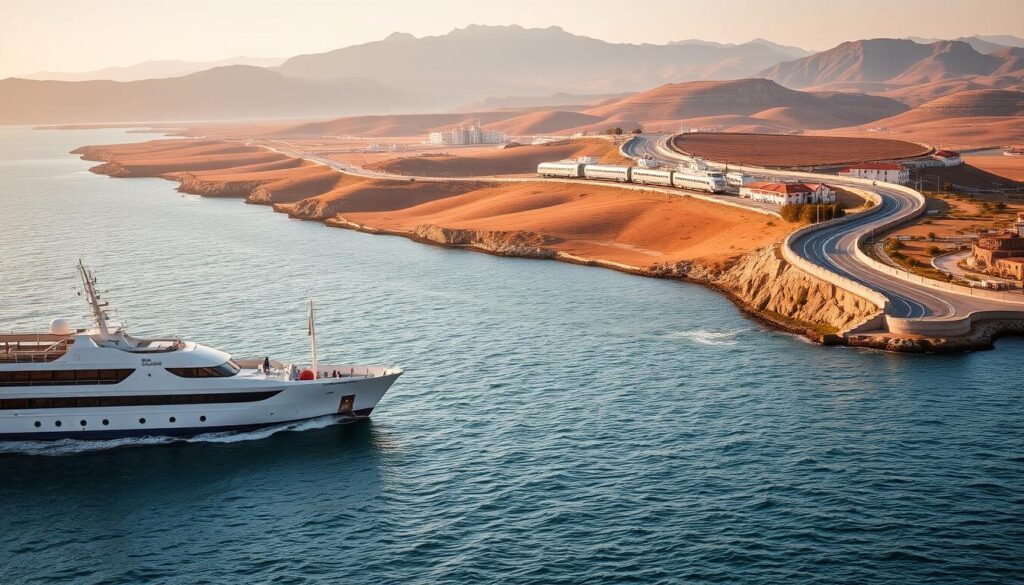A picturesque vista of the Seville to Tangier travel route, showcasing the journey's diverse options. In the foreground, a ferry glides across the shimmering Strait of Gibraltar, its sleek design mirroring the tranquil waters. In the middle ground, a high-speed train speeds through the rolling hills, cutting across the stunning landscape. In the background, a vintage car winds its way along a coastal road, offering a more leisurely exploration of the region. The scene is bathed in warm, golden light, capturing the essence of the MyVisitMorocco experience. A picturesque vista of the Seville to Tangier travel route, showcasing the journey's diverse options. In the foreground, a ferry glides across the shimmering Strait of Gibraltar, its sleek design mirroring the tranquil waters. In the middle ground, a high-speed train speeds through the rolling hills, cutting across the stunning landscape. In the background, a vintage car winds its way along a coastal road, offering a more leisurely exploration of the region. The scene is bathed in warm, golden light, capturing the essence of the MyVisitMorocco experience.