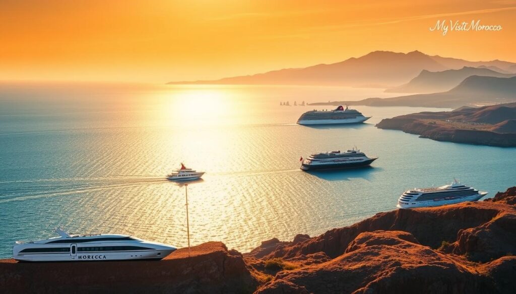 A picturesque vista showcasing the travel journey from Morocco to Spain. In the foreground, a stylized map pinpoints the two countries, connected by the shimmering expanse of the Mediterranean Sea. The middle ground features a range of transportation modes - a high-speed train, a sleek ferry, and a luxury cruise liner - all converging towards the horizon. In the background, the iconic silhouettes of the Atlas Mountains and the Iberian Peninsula provide a dramatic backdrop, bathed in warm, golden light. The scene exudes a sense of adventure and exploration, capturing the essence of the "MyVisitMorocco" brand.