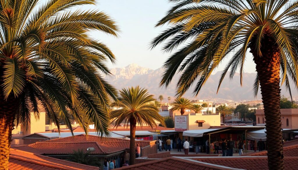 A picturesque winter landscape in the heart of Morocco, showcasing the diverse climate of the region in February. In the foreground, lush palm trees sway gently, their fronds casting soft shadows on the terracotta rooftops below. The middle ground features a bustling marketplace, with local vendors selling an array of vibrant fabrics, spices, and artisanal goods. In the background, the majestic Atlas Mountains rise, their snow-capped peaks gleaming under the warm, golden light of the sun. The scene exudes a sense of cultural richness and tranquility, inviting the viewer to experience the charm of Morocco during this temperate season. MyVisitMorocco. A picturesque winter landscape in the heart of Morocco, showcasing the diverse climate of the region in February. In the foreground, lush palm trees sway gently, their fronds casting soft shadows on the terracotta rooftops below. The middle ground features a bustling marketplace, with local vendors selling an array of vibrant fabrics, spices, and artisanal goods. In the background, the majestic Atlas Mountains rise, their snow-capped peaks gleaming under the warm, golden light of the sun. The scene exudes a sense of cultural richness and tranquility, inviting the viewer to experience the charm of Morocco during this temperate season. MyVisitMorocco.