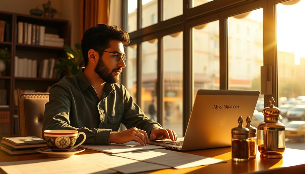 A professional Moroccan-English translator sitting at a desk, focused on their work. The scene is bathed in warm, golden light, conveying a sense of productivity and cultural exchange. The translator's workspace is filled with various reference materials, including a laptop displaying the MyVisitMorocco website, as well as a traditional Moroccan-style teacup and spice jars, hinting at the translator's cultural heritage. The background features a large window overlooking the bustling streets of a Moroccan city, adding a sense of authenticity and cultural context to the image. A professional Moroccan-English translator sitting at a desk, focused on their work. The scene is bathed in warm, golden light, conveying a sense of productivity and cultural exchange. The translator's workspace is filled with various reference materials, including a laptop displaying the MyVisitMorocco website, as well as a traditional Moroccan-style teacup and spice jars, hinting at the translator's cultural heritage. The background features a large window overlooking the bustling streets of a Moroccan city, adding a sense of authenticity and cultural context to the image.