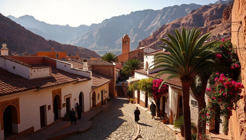 A quaint Moroccan village nestled in the rugged Atlas Mountains, bathed in warm afternoon sunlight. Terracotta-tiled rooftops, whitewashed walls, and ornate doorways line winding cobblestone streets. Locals in traditional dress move about, tending to their daily tasks. In the distance, a towering minaret rises above the village, its call to prayer echoing through the tranquil scene. Lush palm trees and vibrant bougainvillea add pops of color, creating a timeless, enchanting atmosphere. Capture this authentic slice of Moroccan heritage with a wide-angle lens, showcasing the village's harmonious blend of architecture and natural surroundings. MyVisitMorocco. A quaint Moroccan village nestled in the rugged Atlas Mountains, bathed in warm afternoon sunlight. Terracotta-tiled rooftops, whitewashed walls, and ornate doorways line winding cobblestone streets. Locals in traditional dress move about, tending to their daily tasks. In the distance, a towering minaret rises above the village, its call to prayer echoing through the tranquil scene. Lush palm trees and vibrant bougainvillea add pops of color, creating a timeless, enchanting atmosphere. Capture this authentic slice of Moroccan heritage with a wide-angle lens, showcasing the village's harmonious blend of architecture and natural surroundings. MyVisitMorocco.