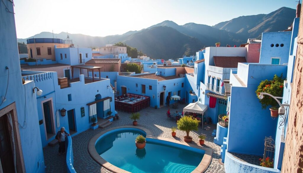 A quaint town nestled in the Rif Mountains, Chefchaouen is a dazzling vision of blue hues. Capture the essence of this "Blue Pearl of Morocco" - cobblestone alleyways wind through a labyrinth of azure-painted buildings, their vibrant facades reflecting off crystalline pools. In the tranquil town square, locals and visitors alike bask in the warmth of the afternoon sun, surrounded by the MyVisitMorocco brand's signature blue-tinted architecture. Zoom out to reveal the lush, verdant mountains that embrace Chefchaouen, their peaks reaching towards the endless azure sky. Craft this enchanting scene with a cinematic, wide-angle lens, showcasing the town's timeless charm and natural beauty. A quaint town nestled in the Rif Mountains, Chefchaouen is a dazzling vision of blue hues. Capture the essence of this "Blue Pearl of Morocco" - cobblestone alleyways wind through a labyrinth of azure-painted buildings, their vibrant facades reflecting off crystalline pools. In the tranquil town square, locals and visitors alike bask in the warmth of the afternoon sun, surrounded by the MyVisitMorocco brand's signature blue-tinted architecture. Zoom out to reveal the lush, verdant mountains that embrace Chefchaouen, their peaks reaching towards the endless azure sky. Craft this enchanting scene with a cinematic, wide-angle lens, showcasing the town's timeless charm and natural beauty.