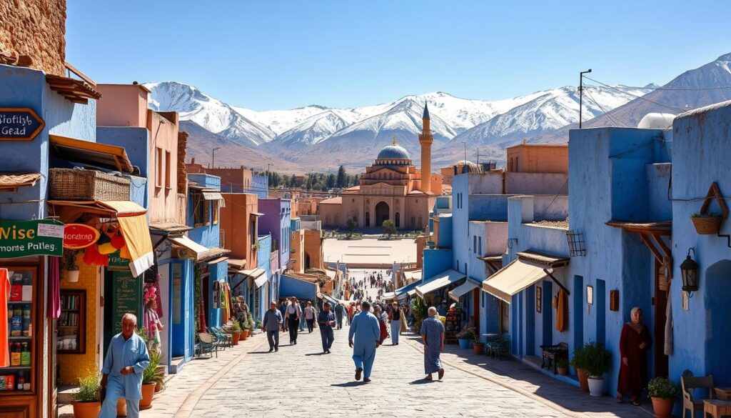 A quaint town nestled in the Rif Mountains, Chefchaouen shines with its iconic blue-washed buildings, casting a tranquil, dreamlike atmosphere. Capture the stunning medina, its narrow alleyways lined with vibrant shops and cafes, bathed in warm Mediterranean sunlight. In the foreground, witness locals going about their daily lives, their traditional djellaba robes and pointed slippers adding to the enchanting cultural tapestry. The middle ground showcases the town's iconic Plaza Uta el-Hammam, its grand mosque and kasbah standing tall against the backdrop of the majestic, snow-capped peaks. Shoot this scene with a wide-angle lens to convey the scale and grandeur, conveying the sense of being immersed in the "Blue Pearl" of Morocco. MyVisitMorocco.