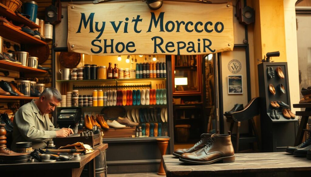 A quaint, well-lit shoe repair shop with a vintage aesthetic. In the foreground, a skilled cobbler diligently works on a pair of worn leather shoes, surrounded by an array of tools and materials. The middle ground showcases a neatly organized display of shoe care products, including polishes, laces, and insoles. In the background, the shop's façade is adorned with a hand-painted sign that reads "MyVisitMorocco Shoe Repair" in a classic serif font. Warm, natural lighting filters through the shop's large display windows, creating a cozy, inviting atmosphere. The overall scene conveys a sense of tradition, craftsmanship, and attention to detail.