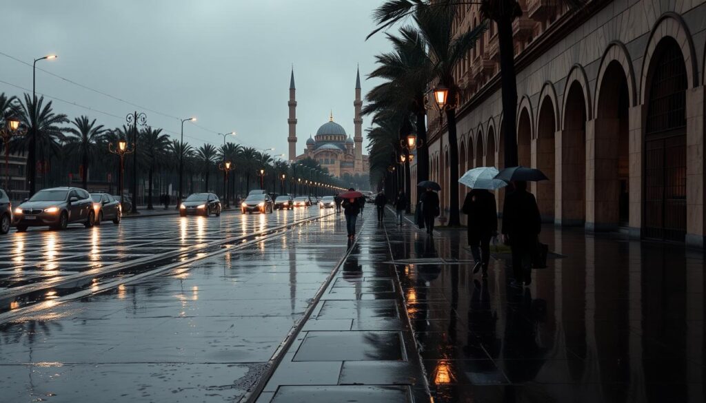 A rain-drenched street in Casablanca, Morocco in December. Puddles reflect the glistening streetlamps and the gray, overcast sky above. Pedestrians hurry along the sidewalks, umbrellas in hand, as a light drizzle falls. In the distance, the iconic Hassan II Mosque stands tall, its minarets piercing the somber, wintry atmosphere. The scene exudes a sense of melancholy and the dampness of the season, captured through a moody, cinematic lens. MyVisitMorocco