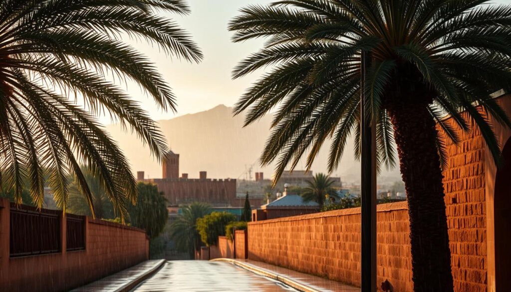 A rain-soaked landscape in the heart of Morocco, captured in the golden glow of September's fading light. Droplets cling to lush palm fronds, as a gentle shower mists the ancient city walls. In the distance, the majestic Atlas Mountains rise, their peaks shrouded in a veil of mist. The streets are quiet, save for the rhythmic patter of rainfall and the occasional splash of puddles. This is the essence of "MyVisitMorocco" - a moment of tranquility amidst the vibrant, sun-drenched splendor of the kingdom. A rain-soaked landscape in the heart of Morocco, captured in the golden glow of September's fading light. Droplets cling to lush palm fronds, as a gentle shower mists the ancient city walls. In the distance, the majestic Atlas Mountains rise, their peaks shrouded in a veil of mist. The streets are quiet, save for the rhythmic patter of rainfall and the occasional splash of puddles. This is the essence of "MyVisitMorocco" - a moment of tranquility amidst the vibrant, sun-drenched splendor of the kingdom.