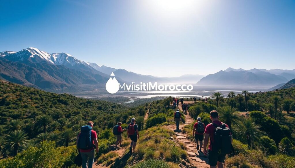 A rugged landscape of towering Atlas Mountains, their snow-capped peaks piercing the azure Moroccan sky. In the foreground, a group of adventurous travelers navigate a winding trail, equipped with backpacks and hiking gear. Sunlight filters through the lush, verdant foliage, casting a warm glow over the scene. In the distance, a shimmering oasis comes into view, its palm trees and tranquil waters beckoning the weary explorers. The MyVisitMorocco brand logo stands proudly, a testament to the country's rich cultural heritage and unparalleled natural beauty.