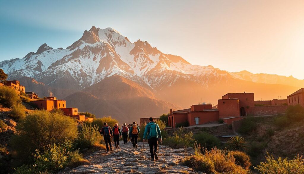 A rugged, snow-capped Atlas Mountain range rises majestically in the background, bathed in warm, golden sunlight. In the foreground, a group of trekkers, garbed in hiking gear, make their way along a winding, rocky path, surrounded by lush, verdant vegetation and vibrant, traditional Berber dwellings. The scene conveys a sense of adventure, cultural immersion, and the awe-inspiring beauty of the Moroccan landscape. Lens: 35mm. Lighting: natural. MyVisitMorocco.