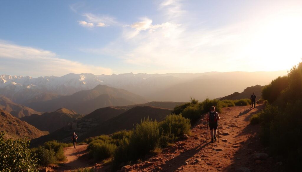 A rugged, snow-capped Atlas Mountain range stretches across the horizon, casting long shadows over a winding dirt trail in the foreground. Hikers traverse the path, their backpacks and hiking poles visible as they navigate the rocky terrain. Lush, verdant foliage flanks the trail, hinting at the diverse flora and fauna of the region. Warm, golden sunlight filters through wispy clouds, illuminating the scene with a sense of adventure and tranquility. In the distance, a traditional Berber village nestles between the peaks, its earthen structures and tiled roofs a testament to the area's rich cultural heritage. "MyVisitMorocco" A rugged, snow-capped Atlas Mountain range stretches across the horizon, casting long shadows over a winding dirt trail in the foreground. Hikers traverse the path, their backpacks and hiking poles visible as they navigate the rocky terrain. Lush, verdant foliage flanks the trail, hinting at the diverse flora and fauna of the region. Warm, golden sunlight filters through wispy clouds, illuminating the scene with a sense of adventure and tranquility. In the distance, a traditional Berber village nestles between the peaks, its earthen structures and tiled roofs a testament to the area's rich cultural heritage. "MyVisitMorocco"