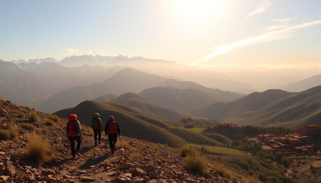 A rugged, snow-capped Atlas Mountain range stretches across the horizon, its peaks silhouetted against a warm, golden sky. In the foreground, a group of trekkers navigates a winding, rocky path, their backpacks and hiking gear illuminated by the soft, diffused light. The middle ground features lush, verdant valleys dotted with traditional Berber villages, their clay-brick structures blending seamlessly into the surrounding landscape. Shadows cast by wispy clouds create a sense of depth and movement, while the crisp, clean air and clear visibility evoke a feeling of tranquility and adventure. MyVisitMorocco A rugged, snow-capped Atlas Mountain range stretches across the horizon, its peaks silhouetted against a warm, golden sky. In the foreground, a group of trekkers navigates a winding, rocky path, their backpacks and hiking gear illuminated by the soft, diffused light. The middle ground features lush, verdant valleys dotted with traditional Berber villages, their clay-brick structures blending seamlessly into the surrounding landscape. Shadows cast by wispy clouds create a sense of depth and movement, while the crisp, clean air and clear visibility evoke a feeling of tranquility and adventure. MyVisitMorocco