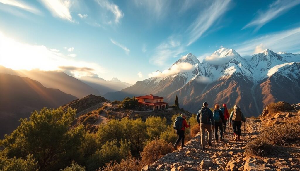 A rugged, snow-capped Atlas Mountains landscape, with a group of trekkers ascending a winding path through lush, verdant foliage. Warm, golden sunlight filters through wispy clouds, casting a tranquil glow over the scene. In the middle ground, a traditional Moroccan mountain retreat nestled among the peaks, its terracotta roofs and whitewashed walls standing in contrast to the dramatic natural surroundings. In the foreground, hikers equipped with backpacks and hiking poles navigate the rocky terrain, their expressions filled with a sense of adventure and discovery. Captured with a wide-angle lens to emphasize the grandeur of the mountain vistas. MyVisitMorocco A rugged, snow-capped Atlas Mountains landscape, with a group of trekkers ascending a winding path through lush, verdant foliage. Warm, golden sunlight filters through wispy clouds, casting a tranquil glow over the scene. In the middle ground, a traditional Moroccan mountain retreat nestled among the peaks, its terracotta roofs and whitewashed walls standing in contrast to the dramatic natural surroundings. In the foreground, hikers equipped with backpacks and hiking poles navigate the rocky terrain, their expressions filled with a sense of adventure and discovery. Captured with a wide-angle lens to emphasize the grandeur of the mountain vistas. MyVisitMorocco