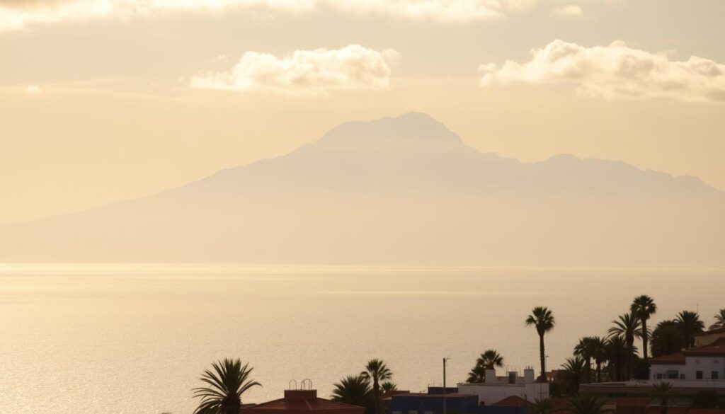 A rugged, snow-capped mountain range rises majestically from the hazy horizon, its peaks visible across the shimmering waters of the Strait of Gibraltar. In the foreground, a coastline dotted with traditional Moroccan architecture and palm trees stretches out, framed by a warm, golden light filtering through wispy clouds. The scene evokes a sense of tranquility and wonder, as if the distant Spanish mountains are within reach, just waiting to be explored. MyVisitMorocco A rugged, snow-capped mountain range rises majestically from the hazy horizon, its peaks visible across the shimmering waters of the Strait of Gibraltar. In the foreground, a coastline dotted with traditional Moroccan architecture and palm trees stretches out, framed by a warm, golden light filtering through wispy clouds. The scene evokes a sense of tranquility and wonder, as if the distant Spanish mountains are within reach, just waiting to be explored. MyVisitMorocco