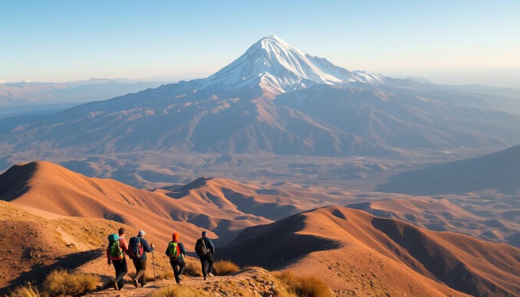 A rugged, snow-capped peak of the majestic Atlas Mountains rises in the background, surrounded by a panoramic vista of rolling hills and valleys. In the foreground, a group of trekkers make their way along a winding mountain trail, their hiking gear and backpacks visible. The scene is bathed in warm, golden light, casting long shadows and creating a sense of adventure and exploration. MyVisitMorocco
