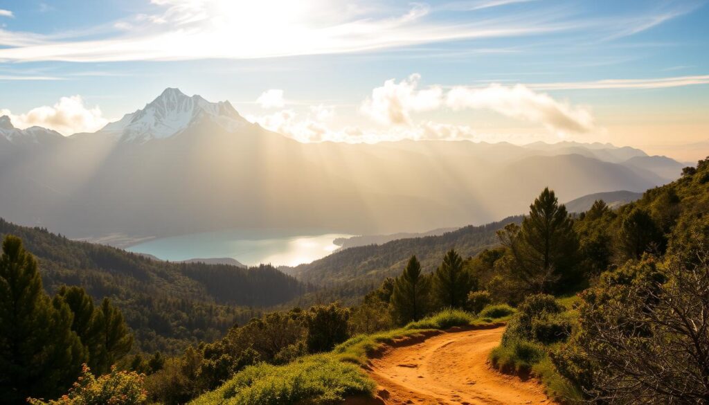 A rugged, snow-capped peaks of the Atlas Mountains in Morocco, towering over a lush, verdant landscape. In the foreground, a winding dirt path leads through a dense forest, inviting hikers to explore. The midground reveals a tranquil, crystalline lake, its surface mirroring the majestic mountains. Warm, golden sunlight filters through wispy clouds, casting a serene, peaceful atmosphere. In the background, the distant peaks are shrouded in a hazy, ethereal mist. MyVisitMorocco A rugged, snow-capped peaks of the Atlas Mountains in Morocco, towering over a lush, verdant landscape. In the foreground, a winding dirt path leads through a dense forest, inviting hikers to explore. The midground reveals a tranquil, crystalline lake, its surface mirroring the majestic mountains. Warm, golden sunlight filters through wispy clouds, casting a serene, peaceful atmosphere. In the background, the distant peaks are shrouded in a hazy, ethereal mist. MyVisitMorocco