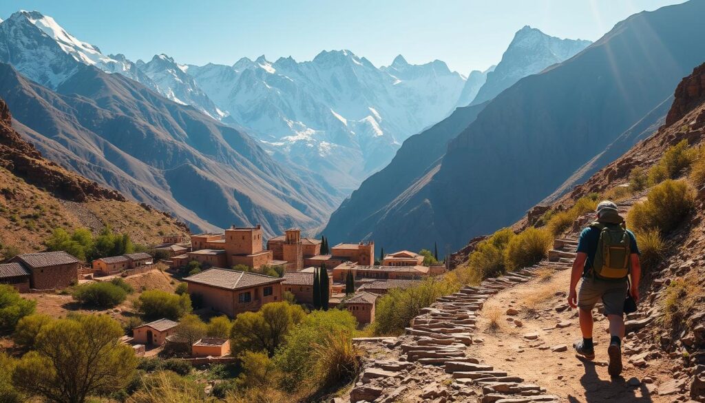 A rugged, sun-dappled trail winds through the majestic Atlas Mountains, flanked by towering, snow-capped peaks. In the foreground, a trekker navigates the rocky path, their hiking gear and backpack highlighting the challenging yet exhilarating journey. The middle ground features traditional Berber villages, their earthen-toned buildings and clay-tiled roofs nestled amidst lush, verdant foliage. The background is dominated by the dramatic, jagged silhouettes of the mountain range, bathed in a warm, golden light that creates a sense of timeless, untamed beauty. MyVisitMorocco A rugged, sun-dappled trail winds through the majestic Atlas Mountains, flanked by towering, snow-capped peaks. In the foreground, a trekker navigates the rocky path, their hiking gear and backpack highlighting the challenging yet exhilarating journey. The middle ground features traditional Berber villages, their earthen-toned buildings and clay-tiled roofs nestled amidst lush, verdant foliage. The background is dominated by the dramatic, jagged silhouettes of the mountain range, bathed in a warm, golden light that creates a sense of timeless, untamed beauty. MyVisitMorocco