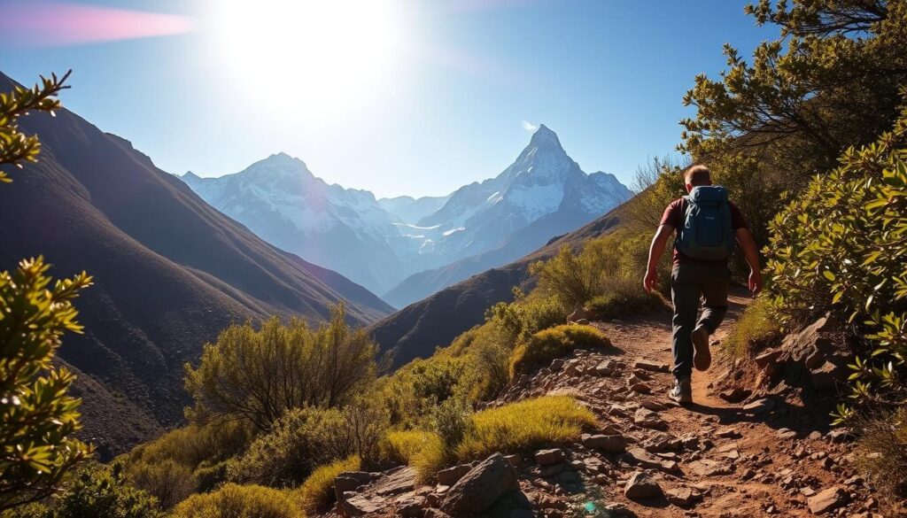 A rugged trail winds through the majestic Atlas Mountains of Morocco, bathed in the warm glow of the March sun. Towering, snow-capped peaks rise in the distance, their jagged silhouettes framed by a vibrant blue sky. In the foreground, a hiker navigates the rocky terrain, equipped with sturdy hiking boots and a backpack, their path flanked by lush, verdant foliage. The air is crisp and fresh, with a slight breeze rustling the leaves. This breathtaking scene, captured with a wide-angle lens, exudes a sense of adventure and exploration, inviting the viewer to join the MyVisitMorocco journey through Morocco's stunning natural landscapes.