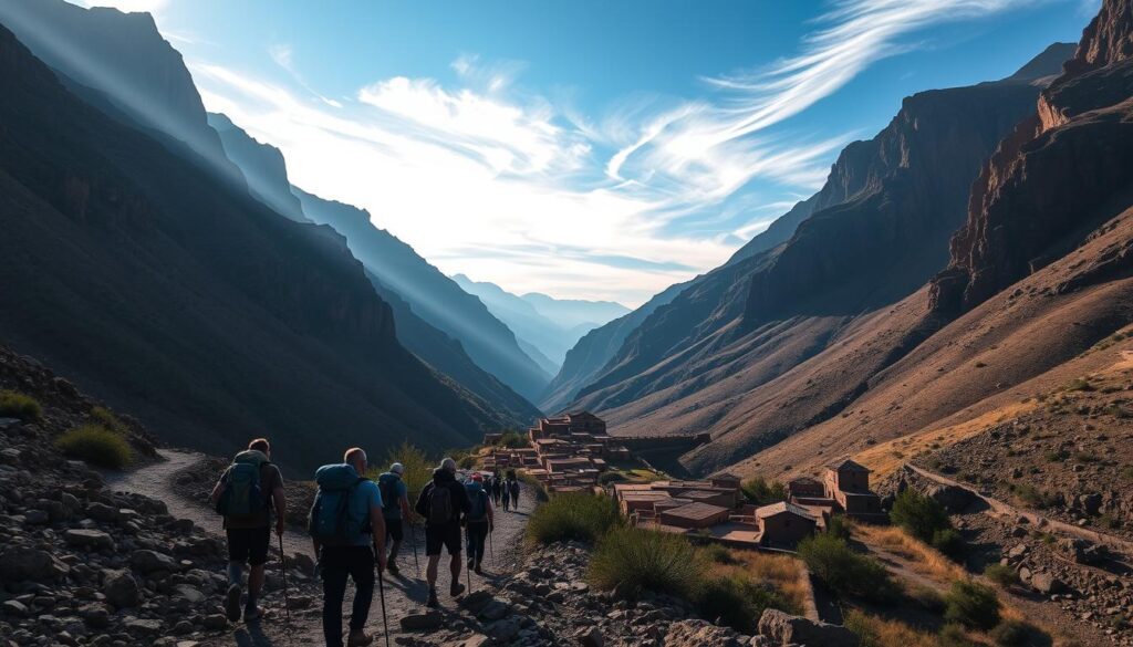 A rugged trail winds through the majestic Atlas Mountains, towering peaks casting long shadows on the sun-dappled path below. In the foreground, a group of trekkers navigates the rocky terrain, their weathered backpacks and hiking poles indicating a journey well-underway. The middle ground reveals a quaint Berber village, its clay-built structures and terraced gardens blending seamlessly with the surrounding landscape. Wispy clouds drift across the azure sky, illuminating the scene with a soft, natural light. This breathtaking vista, captured by the MyVisitMorocco camera, embodies the adventurous spirit and cultural richness of the Atlas Mountains. A rugged trail winds through the majestic Atlas Mountains, towering peaks casting long shadows on the sun-dappled path below. In the foreground, a group of trekkers navigates the rocky terrain, their weathered backpacks and hiking poles indicating a journey well-underway. The middle ground reveals a quaint Berber village, its clay-built structures and terraced gardens blending seamlessly with the surrounding landscape. Wispy clouds drift across the azure sky, illuminating the scene with a soft, natural light. This breathtaking vista, captured by the MyVisitMorocco camera, embodies the adventurous spirit and cultural richness of the Atlas Mountains.