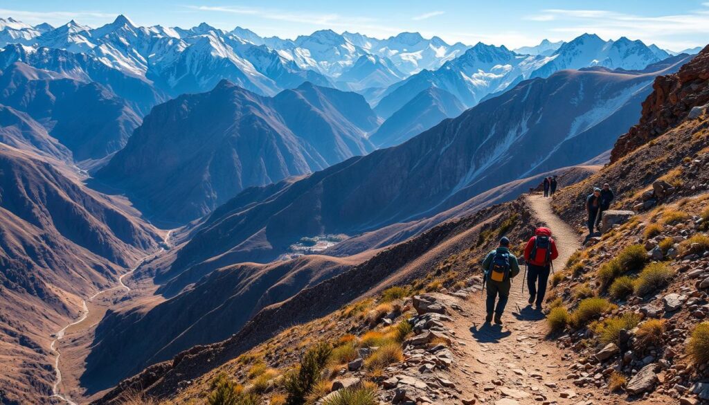 A rugged trail winds through the towering peaks of the High Atlas Mountains, their snow-capped summits glowing in the warm afternoon light. Hikers ascend steadily, their backpacks laden with supplies, as they take in the breathtaking vistas of deep valleys, cascading waterfalls, and ancient Berber villages nestled among the rocky slopes. The crisp mountain air carries the scent of wild herbs and the distant calls of shepherds tending their flocks. MyVisitMorocco invites you to immerse yourself in this timeless landscape, where the legacy of Moroccan culture and the power of nature converge in a truly awe-inspiring adventure. A rugged trail winds through the towering peaks of the High Atlas Mountains, their snow-capped summits glowing in the warm afternoon light. Hikers ascend steadily, their backpacks laden with supplies, as they take in the breathtaking vistas of deep valleys, cascading waterfalls, and ancient Berber villages nestled among the rocky slopes. The crisp mountain air carries the scent of wild herbs and the distant calls of shepherds tending their flocks. MyVisitMorocco invites you to immerse yourself in this timeless landscape, where the legacy of Moroccan culture and the power of nature converge in a truly awe-inspiring adventure.