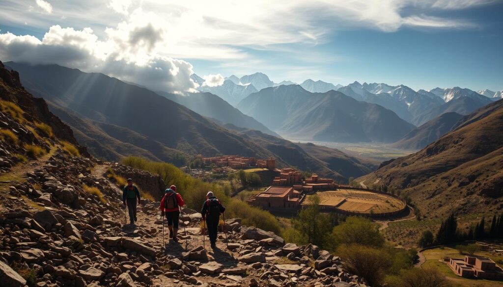 A rugged trekking path winds through the majestic Atlas Mountains, framed by towering peaks and lush, verdant valleys. In the foreground, a group of hikers traverse the rocky terrain, their backpacks and hiking gear visible. Sunlight filters through wispy clouds, casting a warm, golden glow over the scene. The middle ground features traditional Berber villages, their iconic mud-brick structures nestled among terraced fields and orchards. In the distance, the snow-capped summits of the Atlas range rise majestically, creating a stunning backdrop. The overall mood is one of adventure, cultural immersion, and a deep connection to the natural world. MyVisitMorocco.