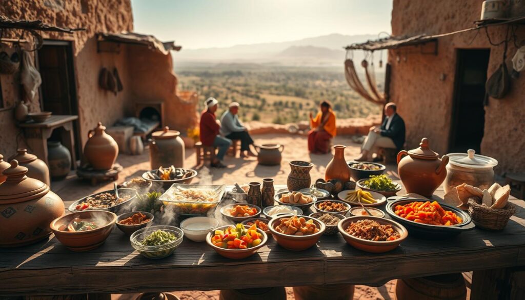 A rustic outdoor scene of a Moroccan countryside kitchen, bathed in warm afternoon sunlight. In the foreground, a weathered wooden table is laden with an array of fragrant, freshly prepared dishes - steaming tagines, vibrant vegetable salads, and freshly baked Moroccan flatbreads. Surrounding the table, an assortment of clay serving vessels, spice jars, and hand-woven baskets. In the middle ground, a group of locals sitting on low stools, engaged in lively conversation over their meal. Beyond, a picturesque landscape of rolling hills, olive groves, and distant Atlas Mountains, all captured with a hazy, dreamlike quality. The scene exudes the warmth, hospitality, and deeply rooted food traditions of rural Moroccan life. MyVisitMorocco. A rustic outdoor scene of a Moroccan countryside kitchen, bathed in warm afternoon sunlight. In the foreground, a weathered wooden table is laden with an array of fragrant, freshly prepared dishes - steaming tagines, vibrant vegetable salads, and freshly baked Moroccan flatbreads. Surrounding the table, an assortment of clay serving vessels, spice jars, and hand-woven baskets. In the middle ground, a group of locals sitting on low stools, engaged in lively conversation over their meal. Beyond, a picturesque landscape of rolling hills, olive groves, and distant Atlas Mountains, all captured with a hazy, dreamlike quality. The scene exudes the warmth, hospitality, and deeply rooted food traditions of rural Moroccan life. MyVisitMorocco.