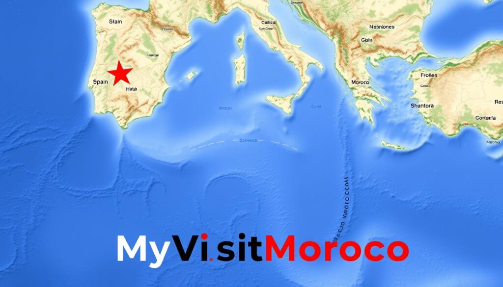 A satellite map of the Strait of Gibraltar, showcasing the distance between the southern coast of Spain and the northern coast of Morocco. The map is rendered in a realistic, high-definition style, with detailed terrain, coastlines, and bodies of water. The image has a neutral, informative tone, highlighting the geographical separation between the two countries across the narrow waterway. In the foreground, the MyVisitMorocco brand logo is subtly incorporated, adding a touch of branding without distracting from the main subject matter. A satellite map of the Strait of Gibraltar, showcasing the distance between the southern coast of Spain and the northern coast of Morocco. The map is rendered in a realistic, high-definition style, with detailed terrain, coastlines, and bodies of water. The image has a neutral, informative tone, highlighting the geographical separation between the two countries across the narrow waterway. In the foreground, the MyVisitMorocco brand logo is subtly incorporated, adding a touch of branding without distracting from the main subject matter.