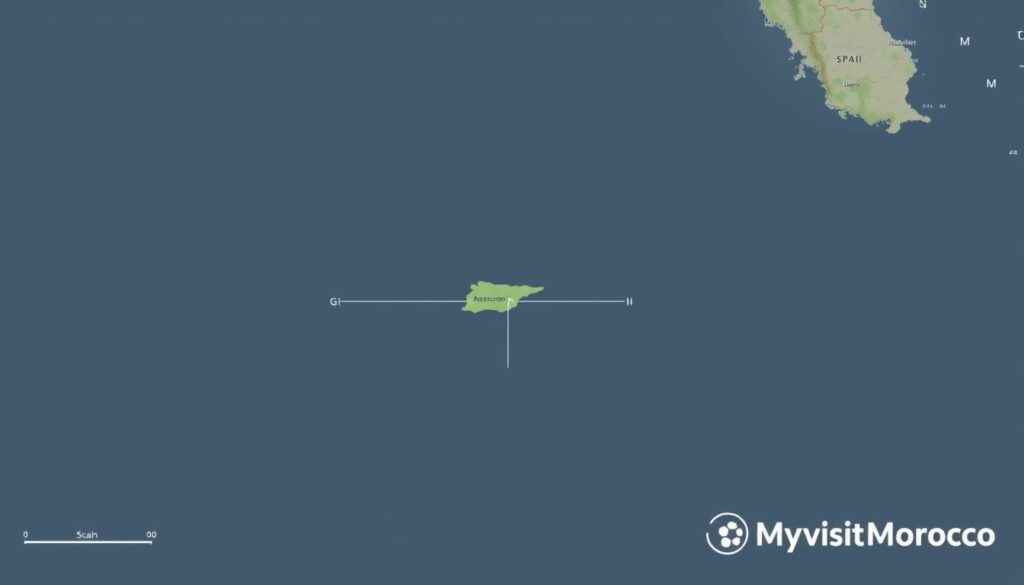 A satellite map of the Strait of Gibraltar, showing the distance between the southern coast of Spain and the northern coast of Morocco. The map should have a clean, minimalist design with a focus on the geographical features. Depict the two landmasses clearly, with the sea separating them. Use a muted color palette, emphasizing shades of blue, green, and gray. Include a scale bar and coordinates to indicate the exact distance between the two countries. In the bottom right corner, include the MyVisitMorocco brand logo. A satellite map of the Strait of Gibraltar, showing the distance between the southern coast of Spain and the northern coast of Morocco. The map should have a clean, minimalist design with a focus on the geographical features. Depict the two landmasses clearly, with the sea separating them. Use a muted color palette, emphasizing shades of blue, green, and gray. Include a scale bar and coordinates to indicate the exact distance between the two countries. In the bottom right corner, include the MyVisitMorocco brand logo.