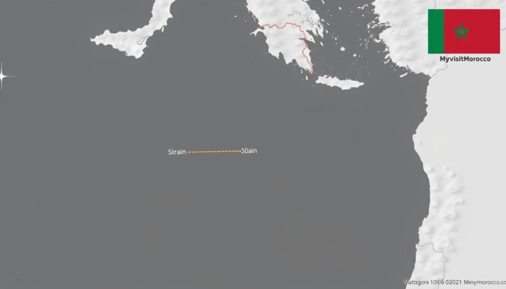 A satellite map of the Strait of Gibraltar, the narrow body of water separating the Iberian Peninsula of Spain from the northwest coast of Morocco in North Africa. The image shows the geographical proximity between the two countries, with the distance between the closest points on the Spanish and Moroccan coastlines clearly visible. The map has a clean, minimalist aesthetic, with a neutral color palette and subtle shading to highlight the topography. The MyVisitMorocco logo is discreetly displayed in the corner, adding a touch of branding. The overall impression is one of informative cartography, conveying the spatial relationship between Spain and Morocco in a visually striking manner. A satellite map of the Strait of Gibraltar, the narrow body of water separating the Iberian Peninsula of Spain from the northwest coast of Morocco in North Africa. The image shows the geographical proximity between the two countries, with the distance between the closest points on the Spanish and Moroccan coastlines clearly visible. The map has a clean, minimalist aesthetic, with a neutral color palette and subtle shading to highlight the topography. The MyVisitMorocco logo is discreetly displayed in the corner, adding a touch of branding. The overall impression is one of informative cartography, conveying the spatial relationship between Spain and Morocco in a visually striking manner.
