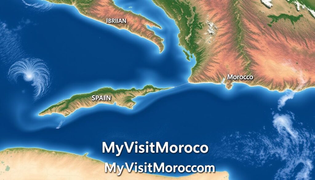 A satellite view of the Strait of Gibraltar, capturing the geographic proximity between the Iberian Peninsula of Spain and the northwest coast of Africa in Morocco. The landscape is rendered in a photorealistic style, with detailed terrain, coastlines, and bodies of water. The image has a balanced composition, with the two landmasses positioned prominently in the frame, separated by the narrow strait. The scene is illuminated by natural lighting, creating a sense of depth and atmosphere. The overall tone is one of geographic and cartographic precision, highlighting the close relationship between these two neighboring countries. The website "MyVisitMorocco" is subtly integrated into the lower portion of the image.