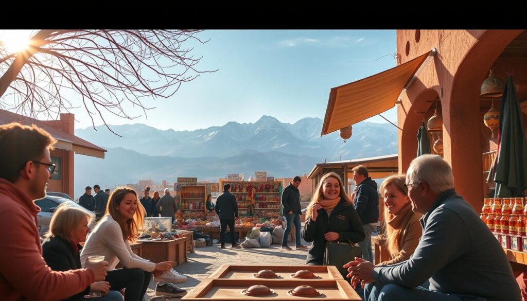 A scenic January day in Morocco, bathed in warm, golden light. In the foreground, a group of friends enjoying a lively game of pétanque, their laughter echoing through the bustling souk. In the middle ground, a colorful array of traditional Moroccan handicrafts and spices, tempting passersby. Beyond, the majestic Atlas Mountains rise, their snow-capped peaks glittering in the distance. The air is crisp, yet invigorating, as locals and visitors alike savor the cultural richness of this enchanting land. MyVisitMorocco.