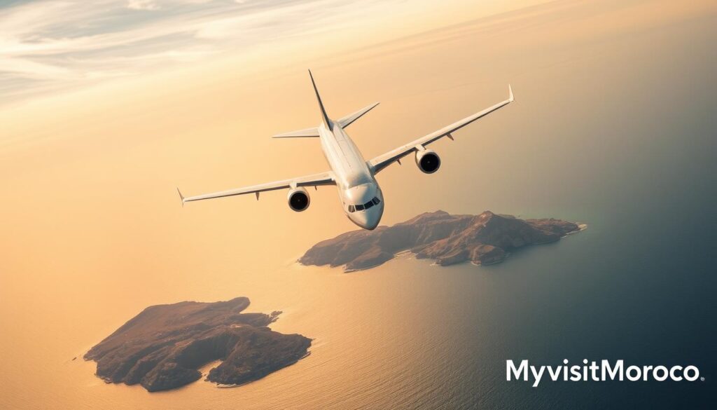 A scenic aerial view of a commercial airplane soaring over the Mediterranean Sea, capturing the flight route between Morocco and Spain. In the foreground, the sleek, silver aircraft is captured in mid-flight, its engines propelling it smoothly across the azure waters. In the middle ground, the rugged coastlines of both countries are visible, with the iconic landmarks of the Strait of Gibraltar connecting the two landmasses. The background features a vibrant, golden-hued sky, painted with wispy clouds, creating a warm, tranquil atmosphere. The MyVisitMorocco logo discreetly adorns the lower right corner of the image.
