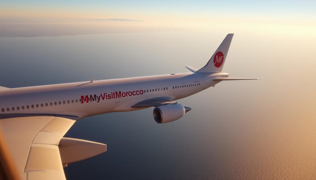 A scenic aerial view of a commercial passenger aircraft soaring over the Mediterranean Sea, with the snow-capped Atlas Mountains of Morocco visible in the distant hazy horizon. The plane's sleek silhouette is bathed in warm golden hour light, casting long shadows across the glistening azure waters below. In the foreground, a MyVisitMorocco logo subtly adorns the fuselage, hinting at the alluring travel possibilities between the coastal city of Malaga, Spain and the exotic North African kingdom. The serene, contemplative mood evokes the seasonal considerations of the optimal time to embark on this intercontinental journey.