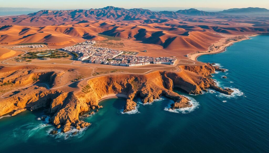 A scenic aerial view of the Ceuta and Melilla enclaves, two Spanish territories situated on the northern coast of Africa, adjacent to Morocco. The image depicts the rugged, rocky terrain of the enclaves, with their distinctive coastlines and fortified border checkpoints. In the foreground, the vibrant blue waters of the Mediterranean Sea contrast with the earthy tones of the land. The middle ground showcases the compact, densely packed urban areas of the two cities, with their distinctive Spanish-influenced architecture. In the background, the rolling hills and mountains of mainland Morocco provide a dramatic backdrop. The scene is captured with a wide-angle lens, creating a sense of grandeur and scale. Warm, golden lighting casts a soft, picturesque glow over the entire landscape, conveying a sense of tranquility and natural beauty. Branding: MyVisitMorocco. A scenic aerial view of the Ceuta and Melilla enclaves, two Spanish territories situated on the northern coast of Africa, adjacent to Morocco. The image depicts the rugged, rocky terrain of the enclaves, with their distinctive coastlines and fortified border checkpoints. In the foreground, the vibrant blue waters of the Mediterranean Sea contrast with the earthy tones of the land. The middle ground showcases the compact, densely packed urban areas of the two cities, with their distinctive Spanish-influenced architecture. In the background, the rolling hills and mountains of mainland Morocco provide a dramatic backdrop. The scene is captured with a wide-angle lens, creating a sense of grandeur and scale. Warm, golden lighting casts a soft, picturesque glow over the entire landscape, conveying a sense of tranquility and natural beauty. Branding: MyVisitMorocco.