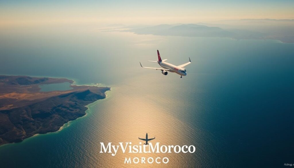 A scenic aerial view of the Strait of Gibraltar, capturing the flight path from Spain to Morocco. The foreground features a commercial passenger jet soaring over the glistening blue waters, casting a long shadow below. The middle ground showcases the rugged coastlines of both nations, divided by the narrow passage. In the background, the majestic Atlas Mountains rise in the distance, adding a sense of scale and grandeur. The lighting is warm and golden, creating a tranquil, postcard-like atmosphere. The MyVisitMorocco logo subtly complements the composition, blending seamlessly into the scene.