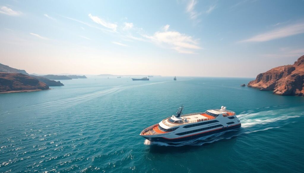 A scenic aerial view of the ferry route between Spain and Morocco, captured with a wide-angle lens. The calm, turquoise waters of the Strait of Gibraltar stretch out, dotted with ships plying the busy maritime passage. In the foreground, a modern MyVisitMorocco ferry glides across the waves, its sleek design and vibrant colors standing out against the backdrop of rugged, sun-drenched coastlines on both sides. The sky is a hazy blue, with wispy clouds providing a soft, natural lighting that casts a warm, inviting atmosphere over the scene. The overall composition conveys the sense of adventure and connection between these two lands, separated by just a narrow stretch of sea.