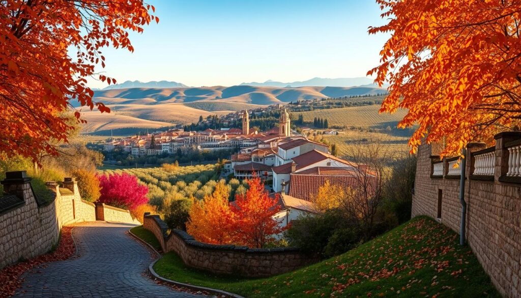A scenic autumn landscape in Spain, captured with a wide-angle lens. In the foreground, a winding cobblestone street is lined with vibrant orange and red trees, their leaves gently falling. In the middle ground, a historic Spanish village comes into view, its terracotta-tiled roofs and whitewashed walls glowing in the warm afternoon sunlight. In the background, rolling hills covered in olive groves and vineyards stretch out towards the horizon, hazy blue mountains rising in the distance. The scene exudes a sense of tranquility and timelessness, inviting the viewer to explore the beauty of Spain in the golden season. MyVisitMorocco